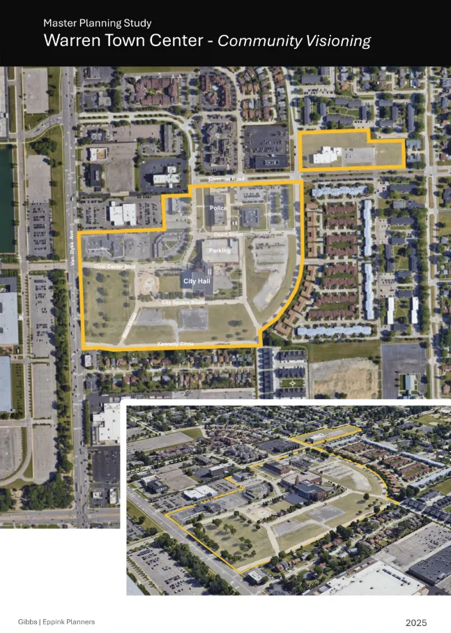 Master Planning Study Warren Town Center - Community Visioning, outline of the proposed area on a map