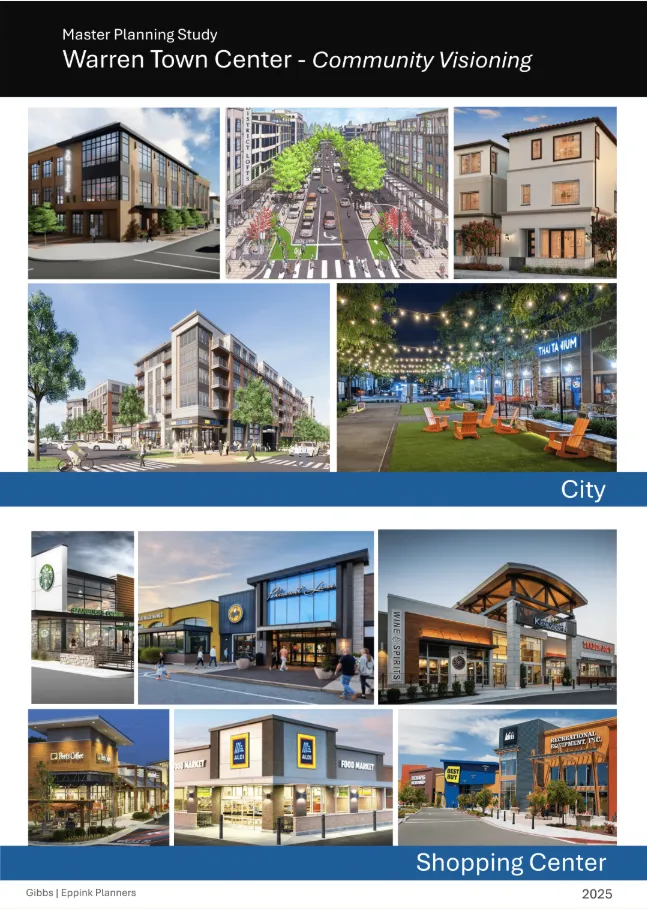 Master Planning Study Warren Town Center - Community Visioning city and shopping center renderings