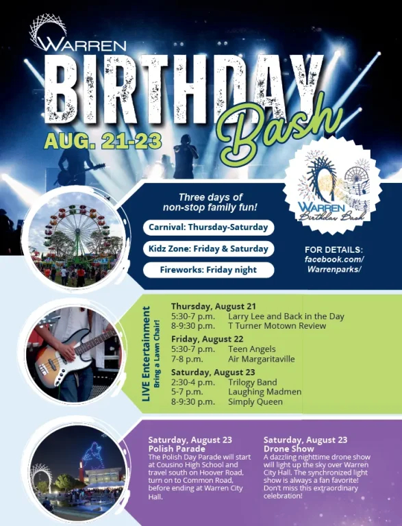 WARREN BIRTHDAY BASH AUG. 21-23 Three days of non-stop family fun! Carnival: Thursday-Saturday Kidz Zone: Friday & Saturday Fireworks: Friday night LIVE Entertainment Bring a Lawn Chair! FOR DETAILS: facebook.com/ Warrenparks/ Thursday, August 21 5:30-7 p.m. Larry Lee and Back in the Day 8-9:30 p.m. T Turner Motown Review Friday, August 22 5:30-7 p.m. Teen Angels 7-8 p.m. Air Margaritaville Saturday, August 23 2:30-4 p.m. Trilogy Band 5-7 p.m. Laughing Madmen 8-9:30 p.m. Simply Queen Saturday, August 23 Polish Parade The Polish Day Parade will start at Cousino High School and travel south on Hoover Road, turn on to Common Road, before ending at Warren City Hall. Saturday, August 23 Drone Show A dazzling nighttime drone show will light up the sky over Warren City Hall. The synchronized light show is always a fan favorite! Don't miss this extraordinary celebration!