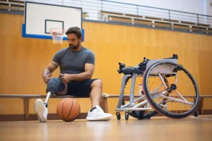 a photo of a person with an artificial leg sitting on a bench in a gym next to a wheel chair in front of a basket ball hoop