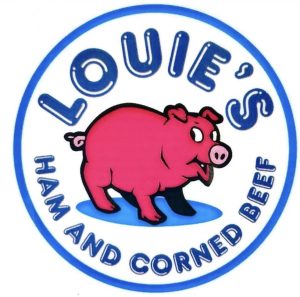 Louie's Ham and corned beef logo. illustration of a pink pig