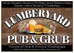 lumberyard pub and grub logo. illustration of beer burger and a sandwich with musical notes. home of the 2 pound challenge. 26700 schoenherr rd warren, mi live music every friday and saturday open jam every tuesday