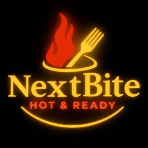 NextBite Logo with fork and flame says hot & ready below